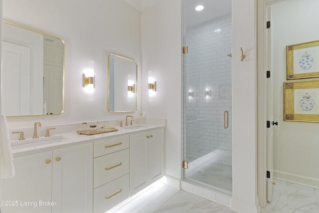 bathroom featuring vanity and walk in shower