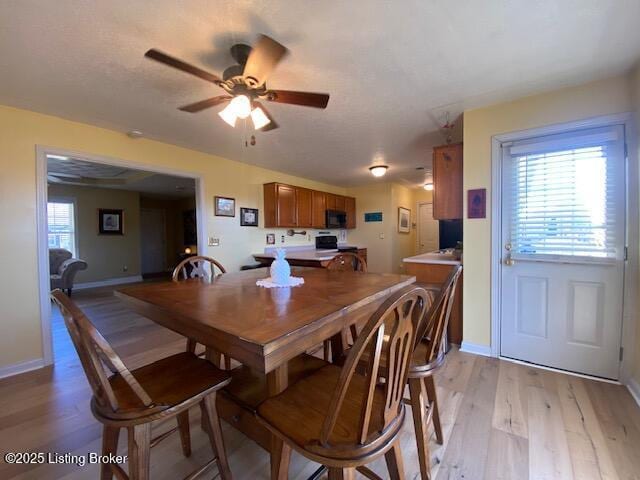 dining space featuring ceiling fan and light hardwood / wood-style flooring