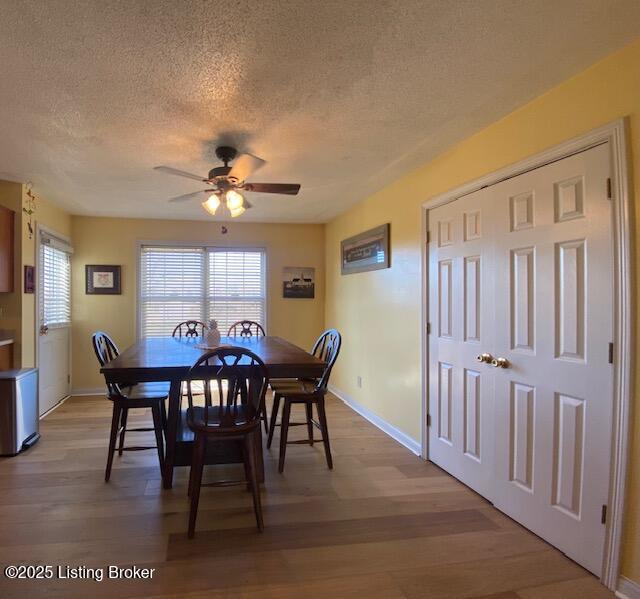 dining space featuring ceiling fan, light hardwood / wood-style floors, and a textured ceiling