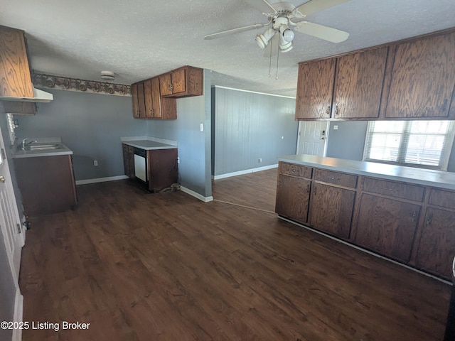 kitchen featuring ceiling fan, sink, a textured ceiling, and dark hardwood / wood-style flooring