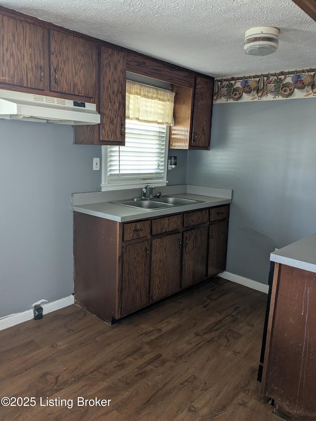 kitchen featuring dark hardwood / wood-style flooring, sink, dark brown cabinets, and a textured ceiling