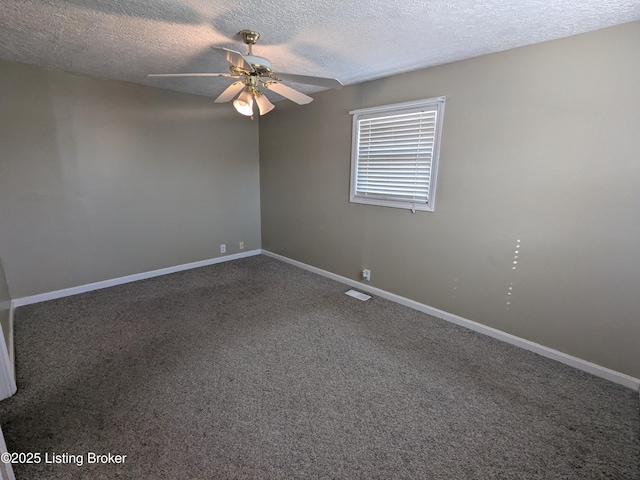 unfurnished room featuring a textured ceiling, carpet floors, and ceiling fan