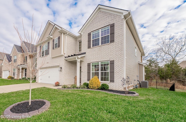 view of front of home featuring a garage, central AC unit, and a front lawn