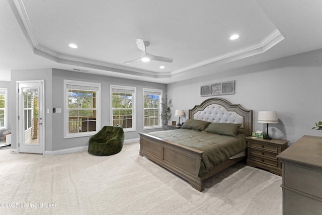 carpeted bedroom featuring a raised ceiling, ornamental molding, access to exterior, and ceiling fan