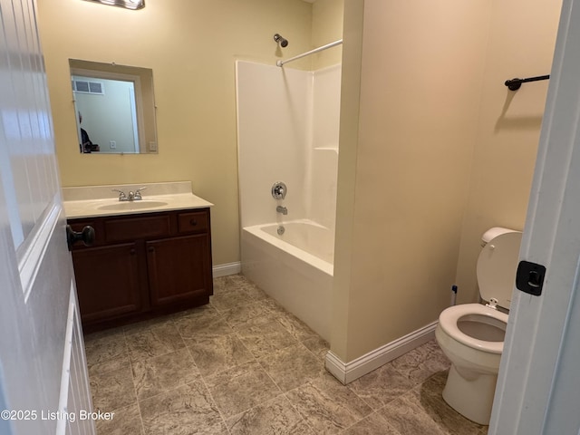 full bathroom with vanity, washtub / shower combination, and toilet