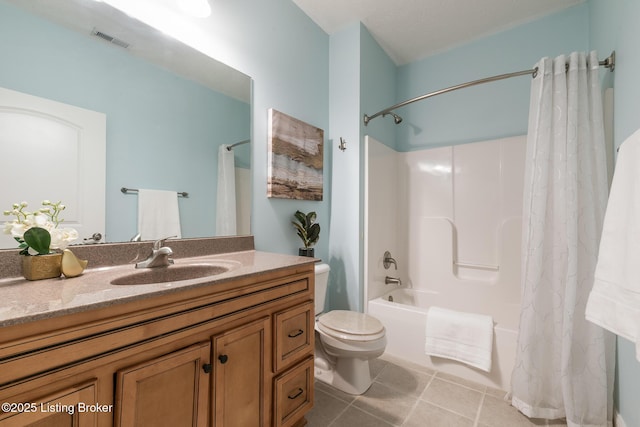 full bathroom with vanity, shower / bathtub combination with curtain, tile patterned floors, and toilet