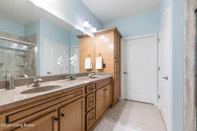 bathroom with tile patterned flooring, vanity, and walk in shower