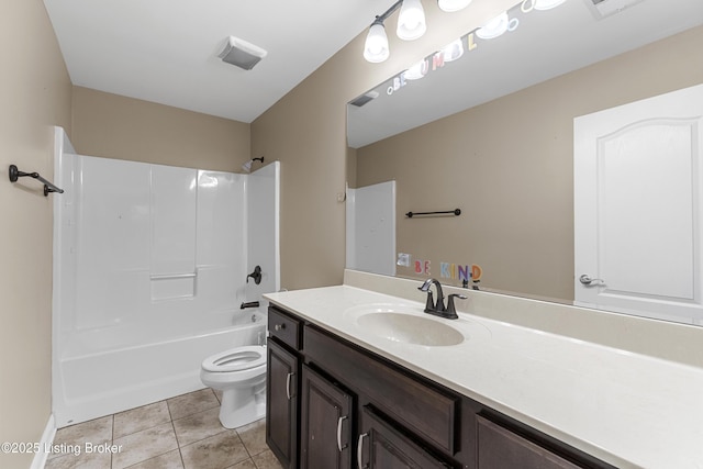 full bathroom featuring vanity, tub / shower combination, tile patterned floors, and toilet