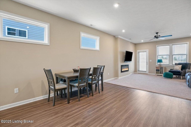 dining room with ceiling fan and hardwood / wood-style floors