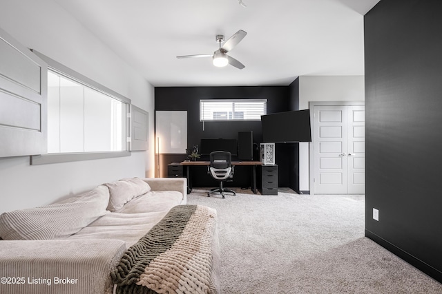 bedroom with light carpet, a closet, and ceiling fan