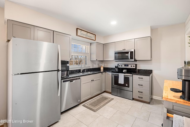 kitchen featuring stainless steel appliances, sink, gray cabinetry, and dark stone counters