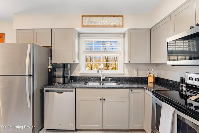 kitchen featuring stainless steel appliances, sink, dark stone countertops, and gray cabinetry