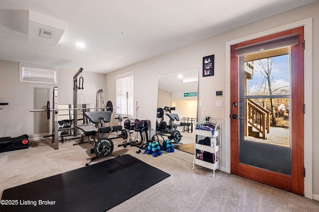 exercise area featuring carpet flooring