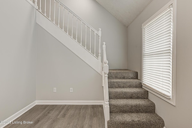 staircase with hardwood / wood-style flooring