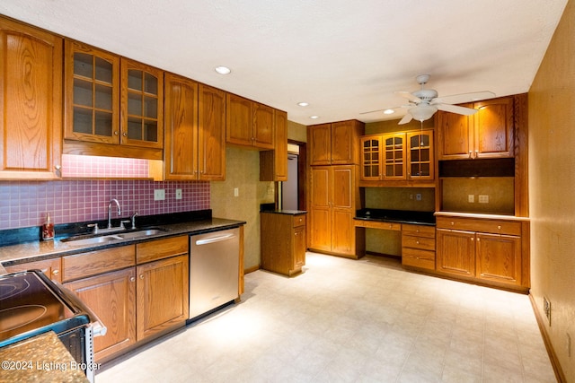 kitchen with sink, dishwasher, ceiling fan, range with electric stovetop, and built in desk