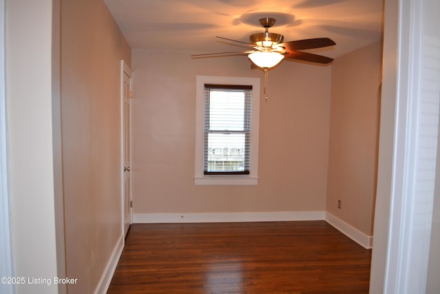 spare room with ceiling fan and dark hardwood / wood-style flooring