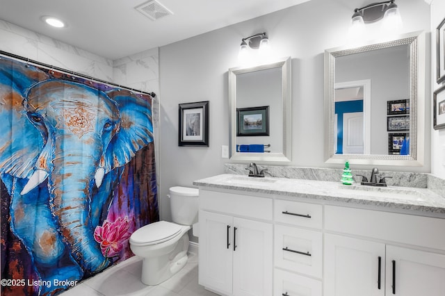 bathroom with vanity, toilet, tile patterned flooring, and a shower with shower curtain