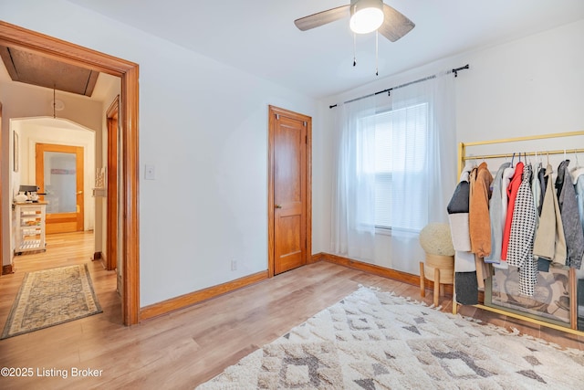 bedroom featuring ceiling fan and light hardwood / wood-style floors