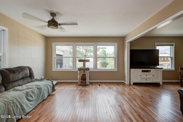 living room with light hardwood / wood-style flooring and ceiling fan