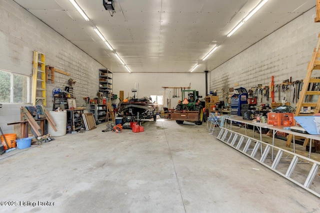 garage with a workshop area