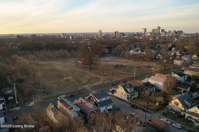 view of aerial view at dusk