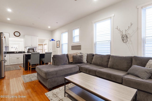 living room with plenty of natural light and light hardwood / wood-style floors