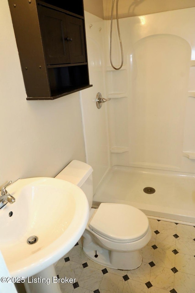 full bathroom featuring a sink, a shower stall, and toilet