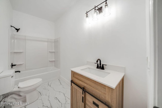 full bathroom featuring bathtub / shower combination, vanity, and toilet