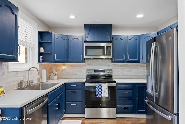 kitchen featuring sink, stainless steel appliances, and blue cabinetry