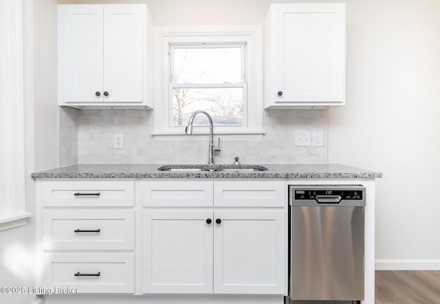 kitchen with white cabinetry, dishwasher, sink, and stone counters