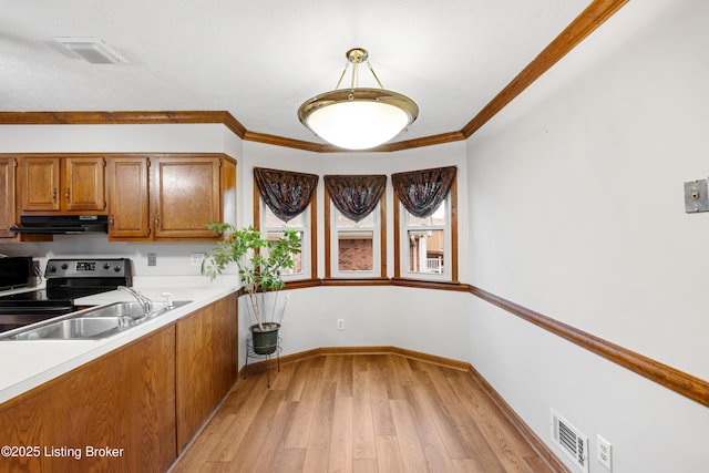 kitchen with decorative light fixtures, sink, ornamental molding, electric range, and light hardwood / wood-style floors