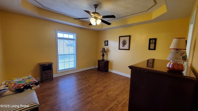 interior space with a raised ceiling, hardwood / wood-style flooring, and ceiling fan