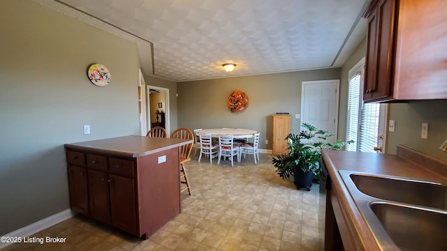 kitchen featuring a kitchen breakfast bar, kitchen peninsula, and sink