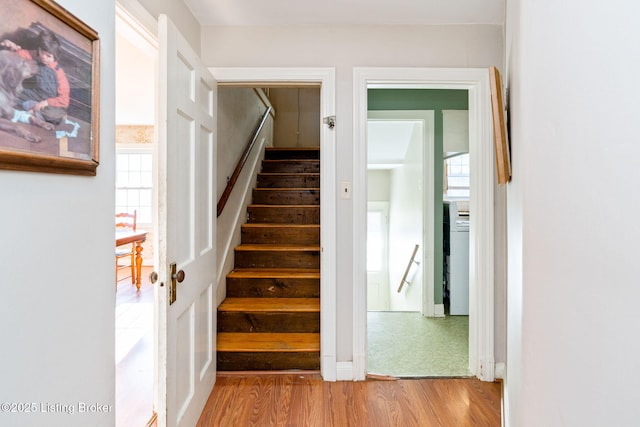 stairs with washer / dryer and wood-type flooring