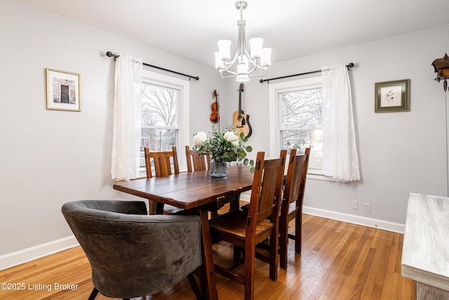 dining room with hardwood / wood-style flooring, plenty of natural light, and a notable chandelier