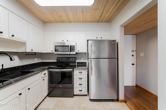 kitchen with white cabinetry, sink, dark stone countertops, stainless steel appliances, and wooden ceiling