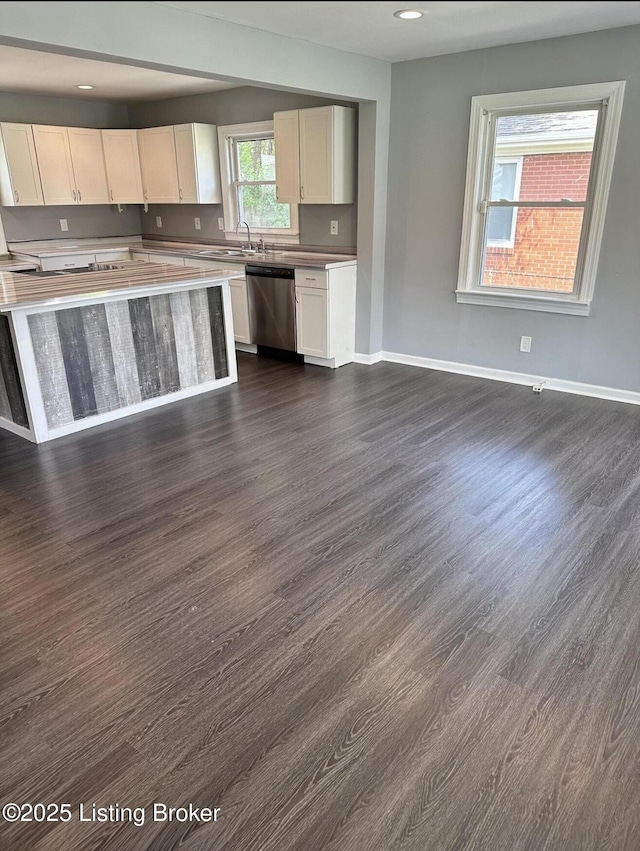 kitchen featuring stainless steel dishwasher, dark wood-type flooring, a sink, and baseboards