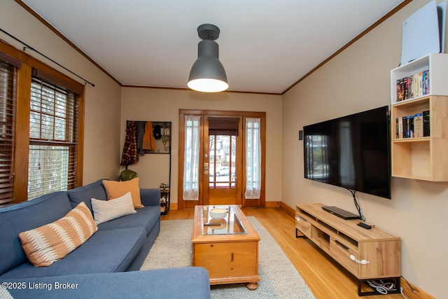 living room featuring ornamental molding and light hardwood / wood-style floors