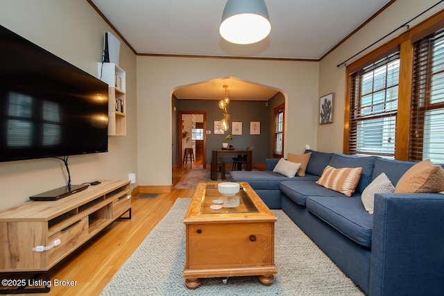 living room featuring crown molding and light hardwood / wood-style floors