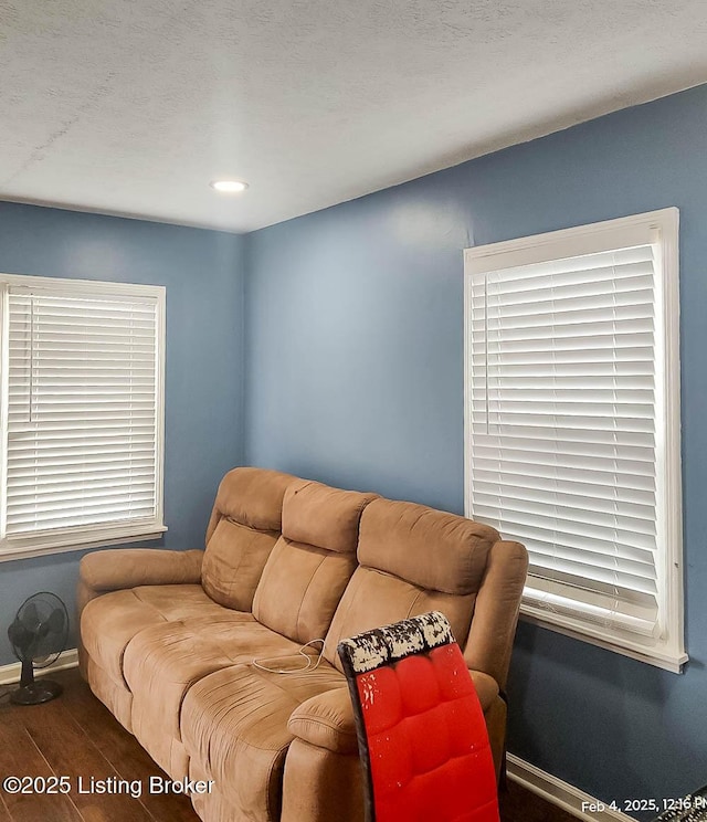 living room featuring dark hardwood / wood-style flooring and a textured ceiling