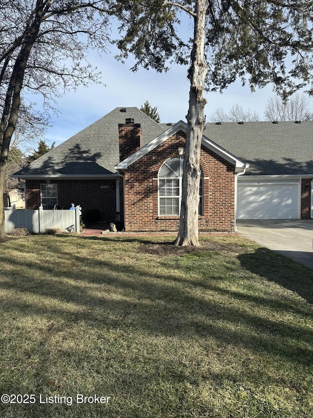 view of property exterior featuring a garage, brick siding, concrete driveway, a lawn, and roof with shingles