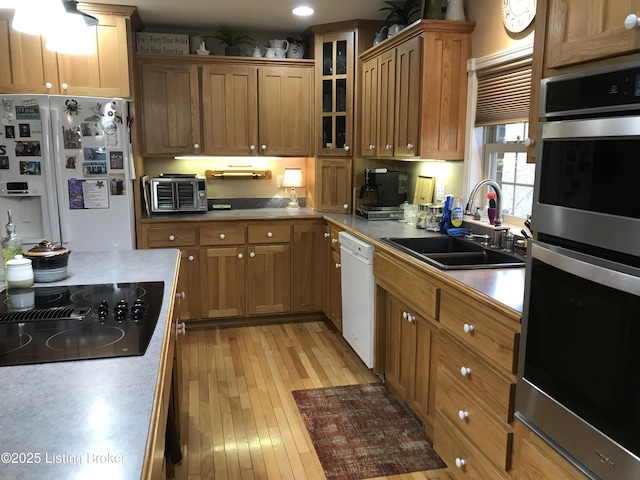 kitchen with sink, white appliances, and light hardwood / wood-style flooring