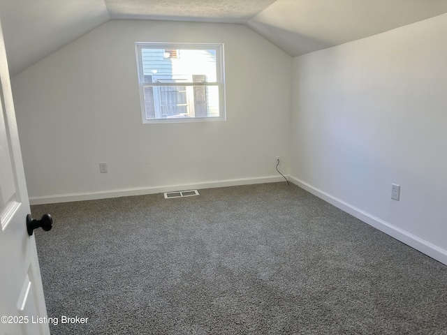 additional living space with vaulted ceiling, carpet flooring, and a textured ceiling