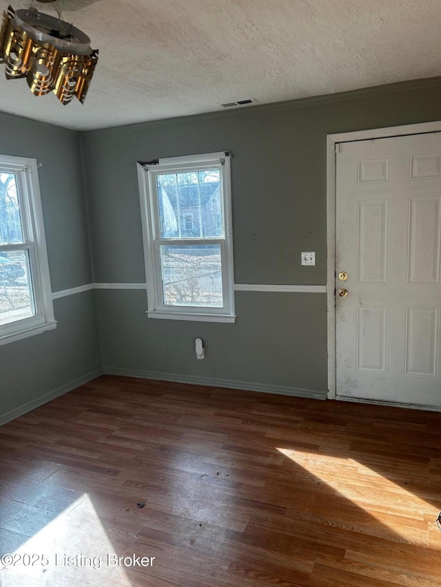 foyer with dark hardwood / wood-style flooring, a textured ceiling, and a healthy amount of sunlight