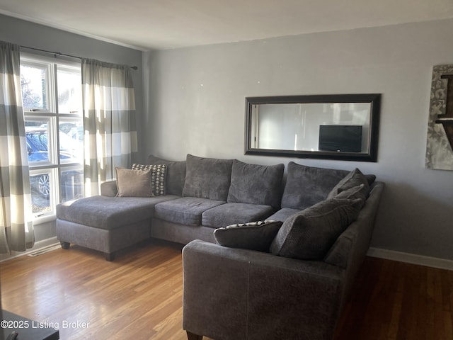 living area featuring baseboards and wood finished floors