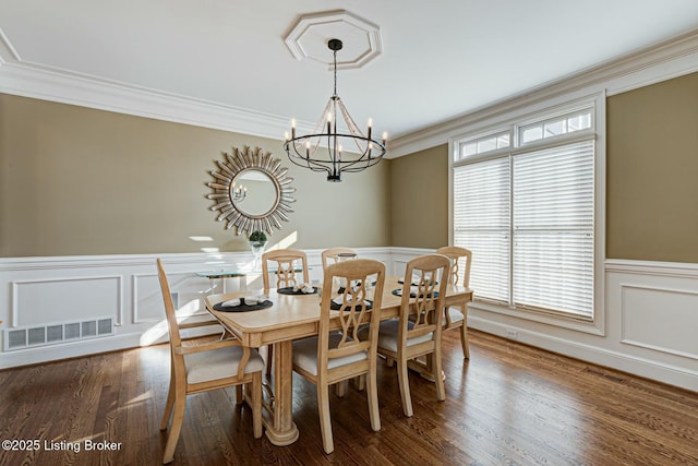 dining room with ornamental molding, wainscoting, visible vents, and dark wood-style floors