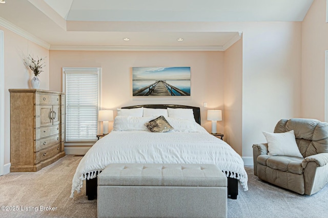 bedroom featuring crown molding, recessed lighting, baseboards, and light colored carpet