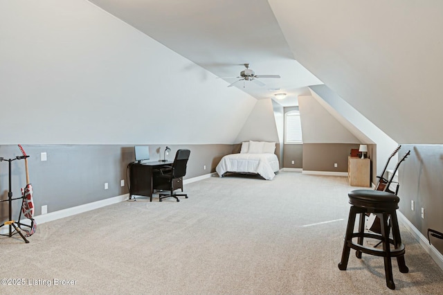 bedroom featuring vaulted ceiling, carpet flooring, and baseboards