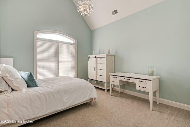 bedroom featuring baseboards, visible vents, light colored carpet, high vaulted ceiling, and a notable chandelier