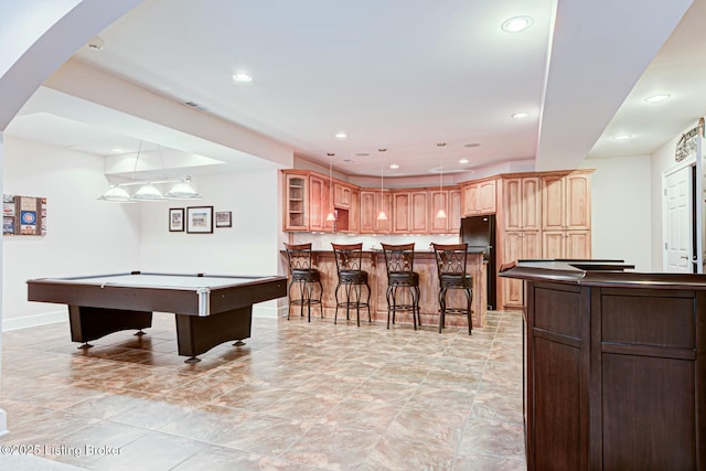 recreation room featuring recessed lighting, visible vents, bar area, and pool table